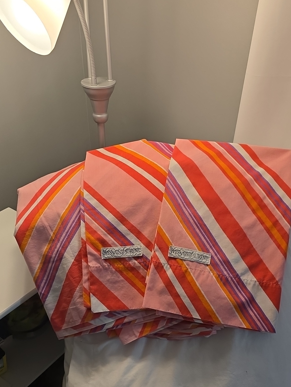 Vintage 1978Yves Saint Laurent Pink, Orange & Red Striped Sheets And Pillowcases